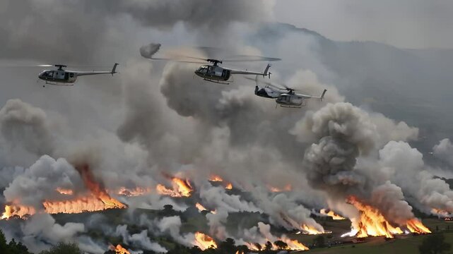 In January 7, 8, 9, 2025, a fierce wildfire engulfs Malibu, California. Helicopters drop water to combat the relentless flames amidst thick smoke, creating a dire situation for residents