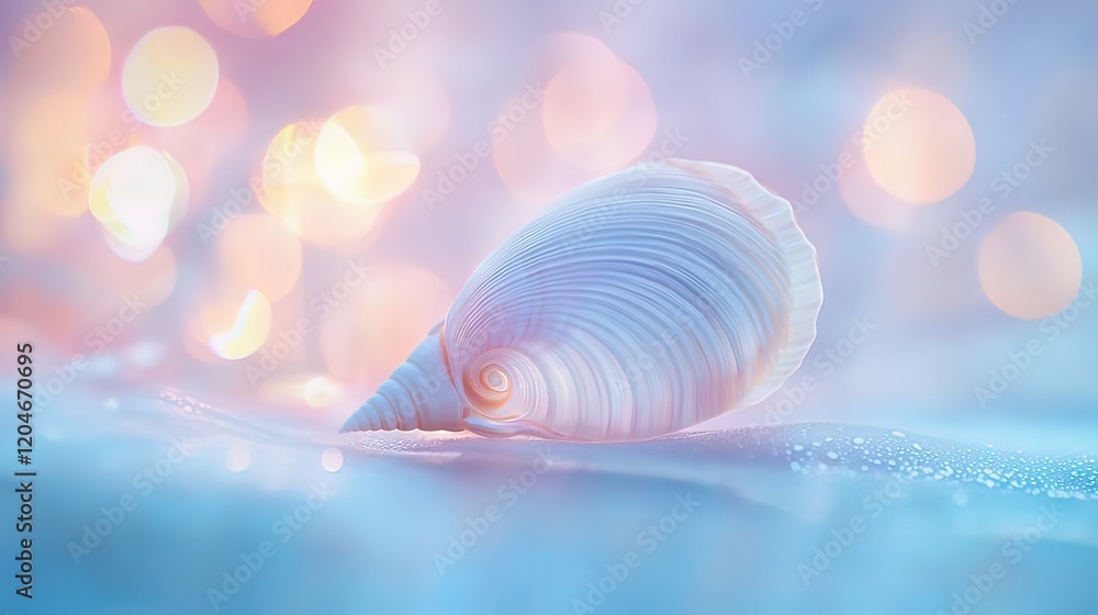 Poster pastel seashell on soft blue surface with bokeh lights.