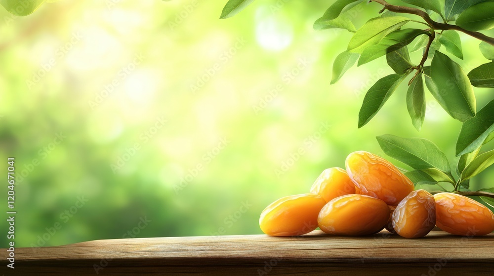 Aufkleber a cluster of fresh dates on a wooden table with bright lighting and blurred background creating an i