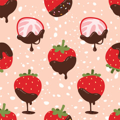 Seamless pattern cartoon of chocolate covered strawberry. Chocolate dipped strawberry fruit. Pattern design for children fabric, wrapping paper, wallpaper and fashion prints.
