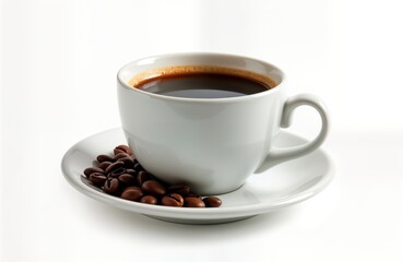 White cup of hot coffee isolated on white background. Coffee beans lie near cup. Simple, elegant image perfect for coffee shops cafes breakfast themes. Excellent for food photography stock images