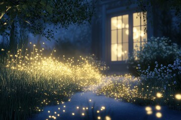 Naklejka premium Illuminated Night Garden Scene With Glowing Flowers