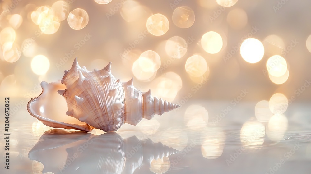 Poster seashell on reflective surface with bokeh background.