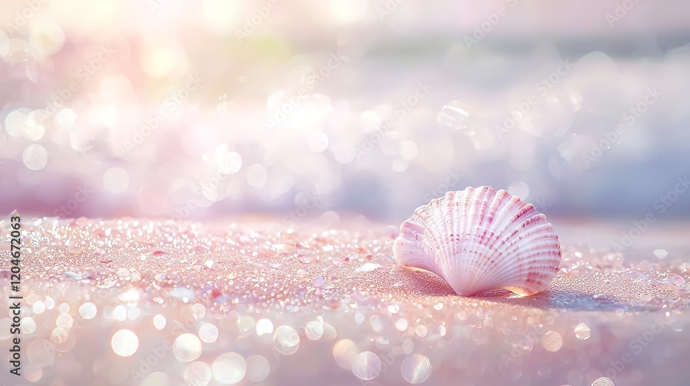 Poster seashell on sunny beach sand with soft wave bokeh.