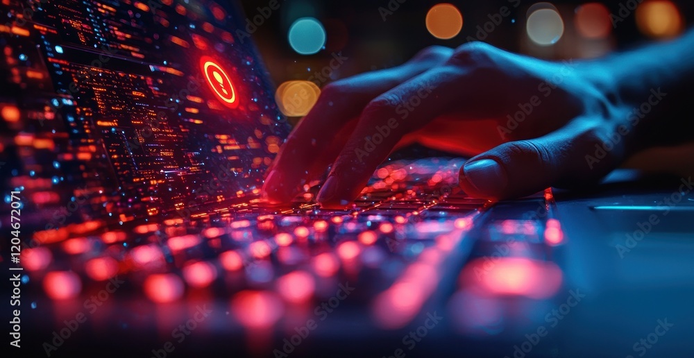 Poster Cyber Attack Warning Alert on Laptop with Hacking Threats and Malware Detection