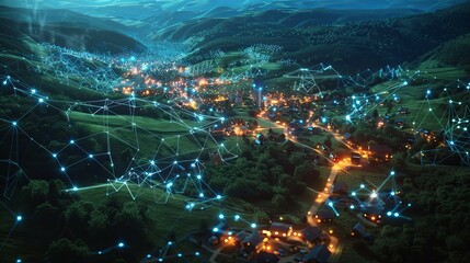 Nighttime Village Connected By Network Of Lights