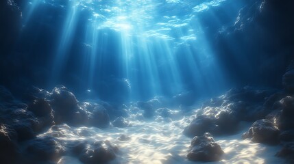 Obraz premium Underwater Sunlight Illuminates Ocean Floor Rocks