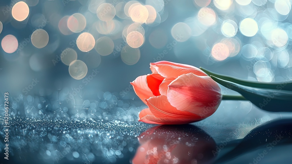 Poster single coral tulip on reflective surface with bokeh background.