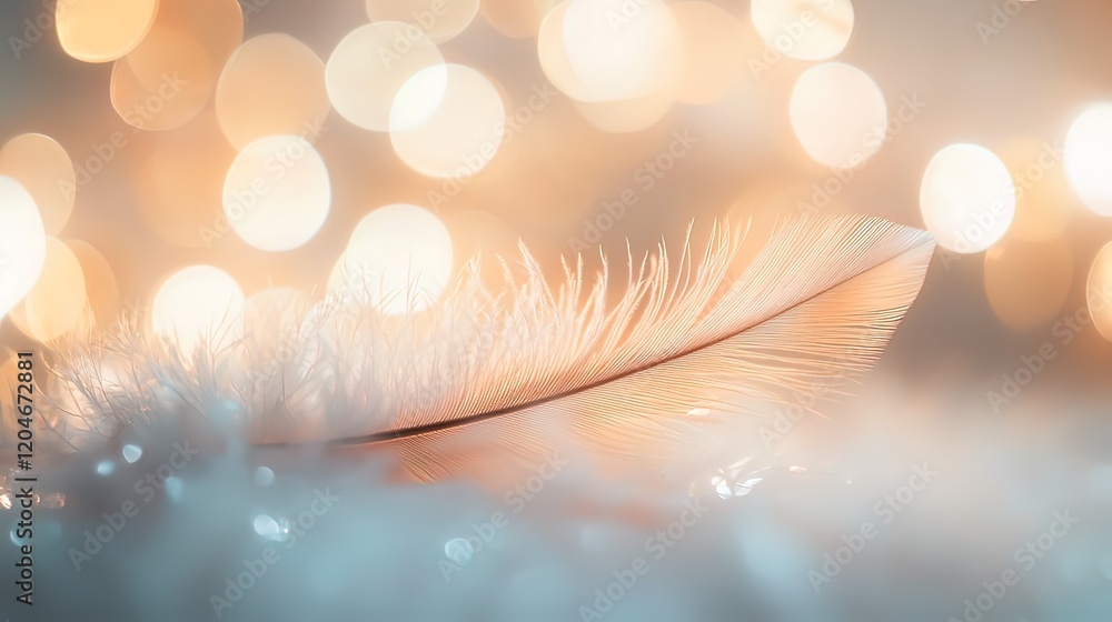 Poster single white feather rests on soft surface with bokeh lights.
