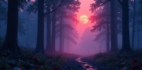 Obraz premium The air is filled with a soft, ethereal mist that shrouds the forest, eerie, forest, night