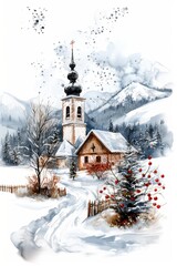 Church and winter forest covered by heavy snow.