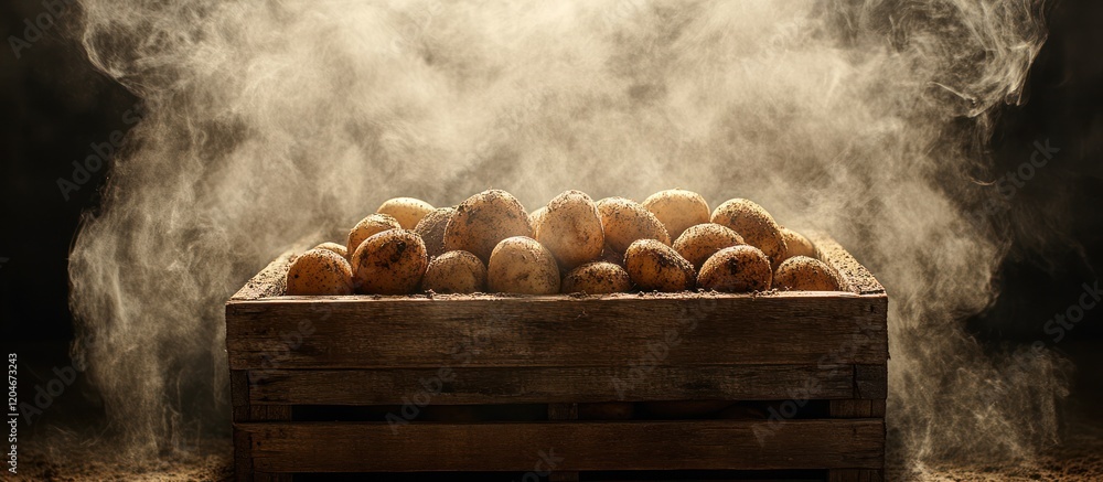 Poster steaming potatoes in a rustic wooden crate.