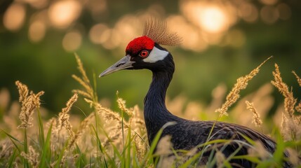 Majestic Crane with Vibrant Red Crest Posing Gracefully Among Tall Grasses Against a Soft Sunset Background Highlighting Nature's Beauty