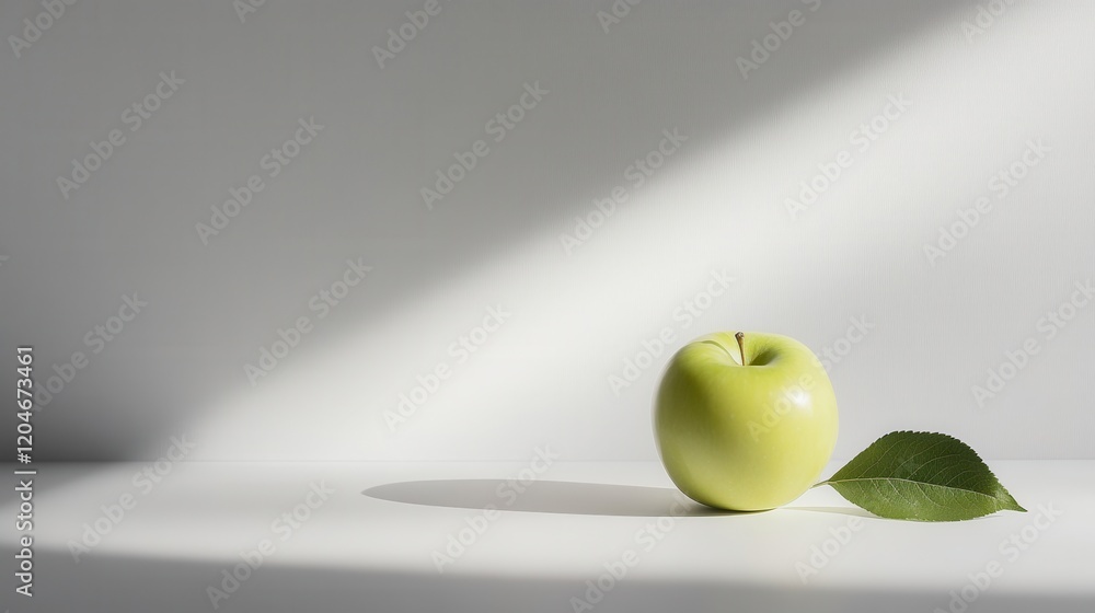 Aufkleber a fresh green apple with leaf resting on a plain white background illuminated by soft bright lightin