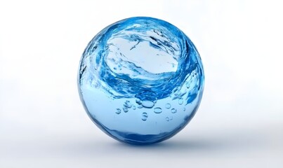 Blue water sphere, swirling waves, bubbles.