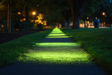 Obraz premium Illuminated Pathway Night Green Glowing Walkway