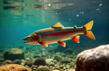 Naklejka premium Rainbow trout swims in clear lake water. Stones, rocks visible on lake bed. Freshwater fish in nature. Healthy, vivid colors. Natural habitat. Wildlife photo. Aquatic animal. Water resources. Nature