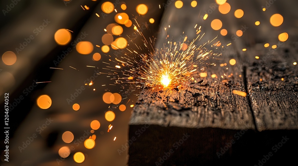 Poster sparkling firework on rustic wooden surface with bokeh lights.