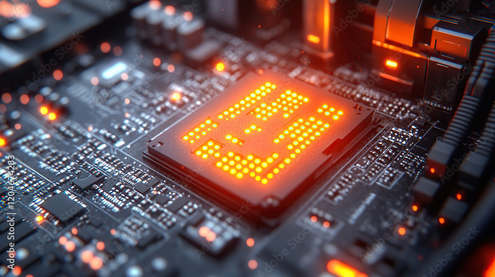 Aufkleber close-up of a cpu with glowing orange light on a computer motherboard