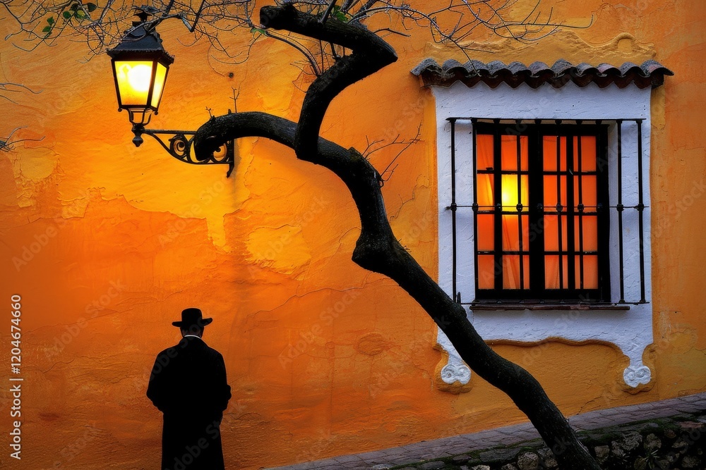 Poster a man in a hat stands in front of a building with a lamp post and a tree