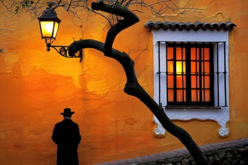 A man in a hat stands in front of a building with a lamp post and a tree
