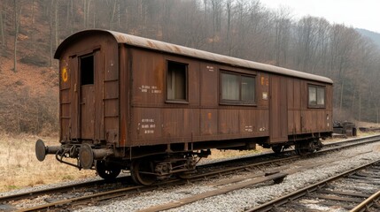 Fototapeta premium Rusty railcar sits abandoned near overgrown tracks in a desolate landscape