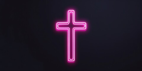 Obraz premium Glowing pink neon cross on a dark background, symbolizing faith, spirituality, and modern religious aesthetics. Illuminated Christian cross with vibrant lighting effect