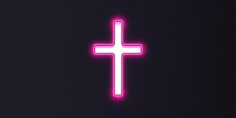 Obraz premium Glowing pink neon cross on a dark background, symbolizing faith, spirituality, and modern religious aesthetics. Illuminated Christian cross with vibrant lighting effect