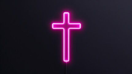 Obraz premium Bright pink neon cross glowing against a dark backdrop, representing religious faith, divine spirituality, and modern Christian symbolism with an artistic touch