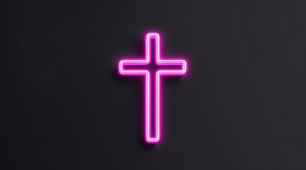 Obraz premium Bright pink neon cross glowing against a dark backdrop, representing religious faith, divine spirituality, and modern Christian symbolism with an artistic touch