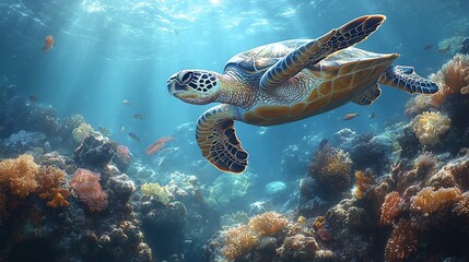 Obraz premium Majestic Sea Turtle Gracefully Swimming Amidst Vibrant Coral Reef