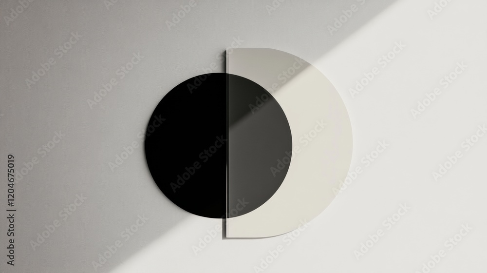 Poster geometric design with black and white circular shapes on a minimalist background in soft natural lig