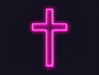 Fototapeta premium Modern neon pink Christian cross glowing in the darkness, symbolizing faith, religious devotion, and spirituality with a contemporary artistic and futuristic design