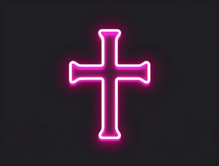 Obraz premium Modern neon pink Christian cross glowing in the darkness, symbolizing faith, religious devotion, and spirituality with a contemporary artistic and futuristic design