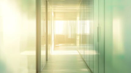 Sunlit modern office hallway with glass walls and doors.