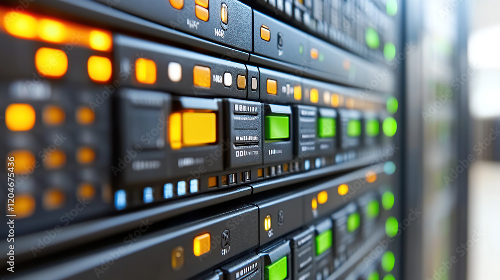 Poster server rack close up with orange and green lights data center computing hardware