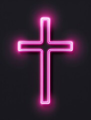 Obraz premium Minimalist pink neon cross glowing in the dark, representing religious faith, spirituality, and modern Christian symbolism with a peaceful and inspiring atmosphere