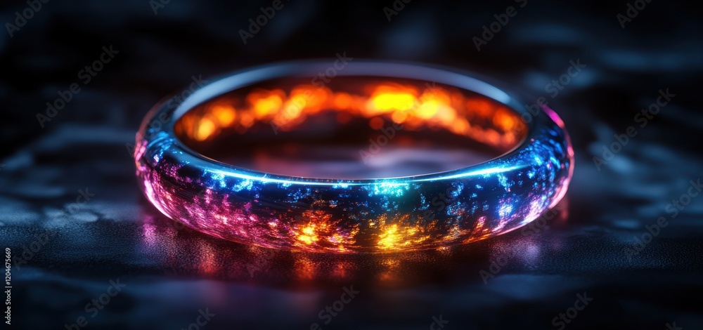 Aufkleber futuristic iridescent ring in dark void with ethereal light and rainbow reflection