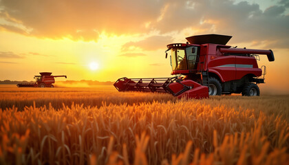 Fototapeta premium Combine harvester works in golden wheat field at sunset. Farm equipment harvests crops on farmland. Rural scene. Agriculture concept. Golden hour. Beautiful landscape. Farm machinery in action.