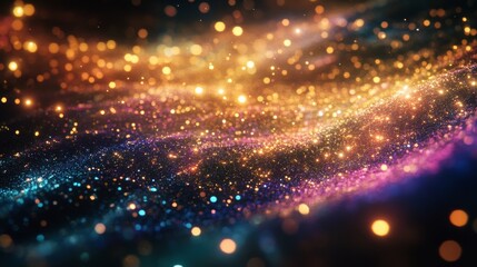 Naklejka premium A mesmerizing array of golden and purple bokeh lights sparkle, creating a mystical, dreamlike atmosphere reminiscent of a starlit galaxy.