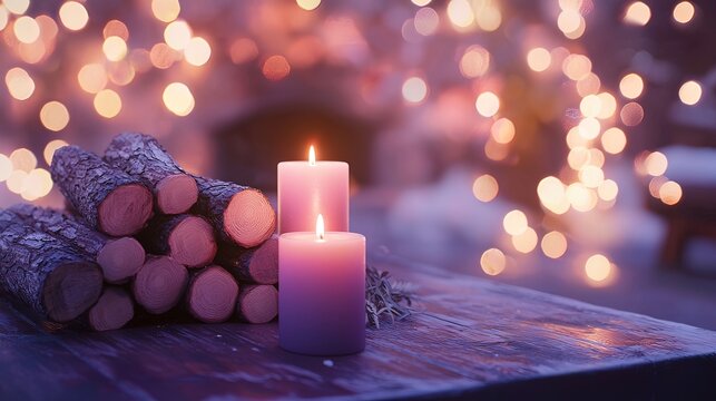 Two lit purple candles and firewood on a rustic wooden table with blurred Christmas lights in the background.