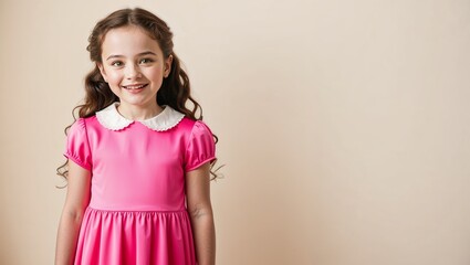 A young girl in a pink dress smiling brightly, exuding joy.