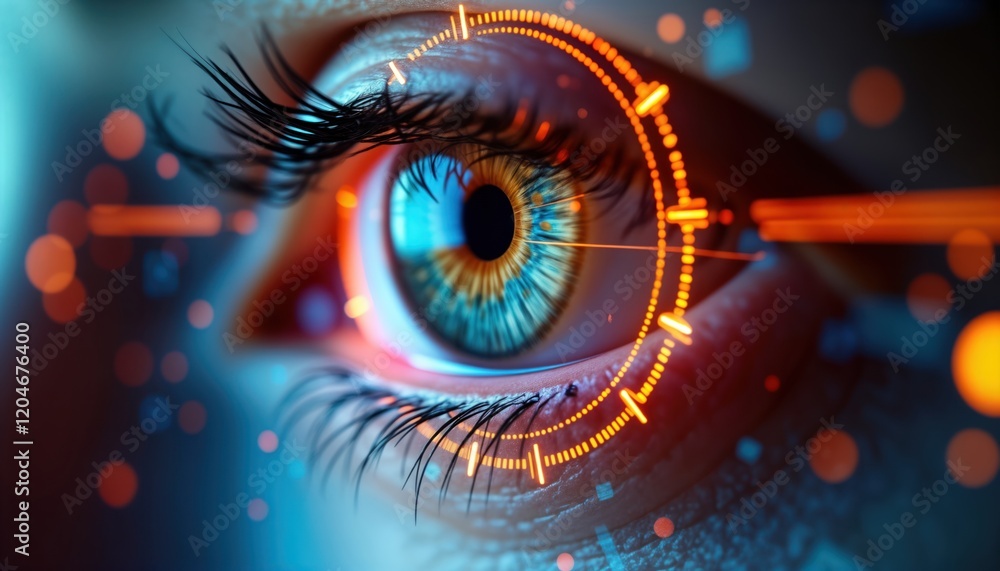 Poster close-up human eye with orange digital patterns. futuristic tech. biometric scan security. eye ident