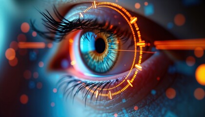 Close-up human eye with orange digital patterns. Futuristic tech. Biometric scan security. Eye identification. Advanced tech. Modern illustration. Eye iris. Glowing orange lines. Innovative