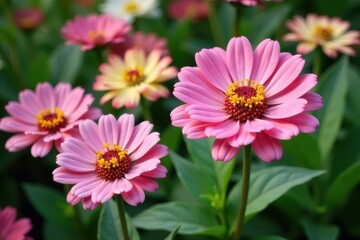Obraz premium Zinnia Elegans flowers in shades of pink and white, zinnias, cottage gardens, delicate blooms