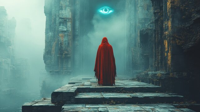 Futuristic Dystopian Scene with Red Cloak Figure in Eerie Blue Light and Mechanical Eye Above - Powered by Adobe