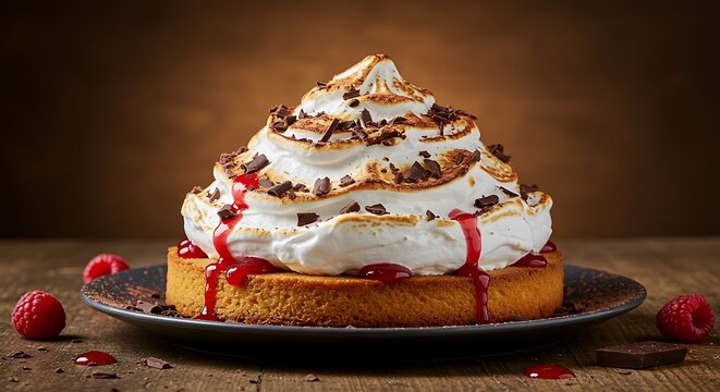 Delicious dessert cake topped with fluffy meringue, chocolate chips, and red raspberry topping. Whipped cream and cherry enhance the treat.