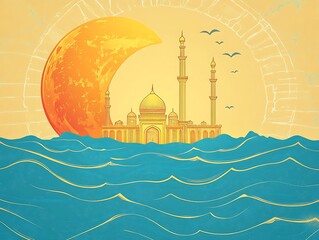 Golden Mosque on Ocean Waves Under a Crescent Sun
