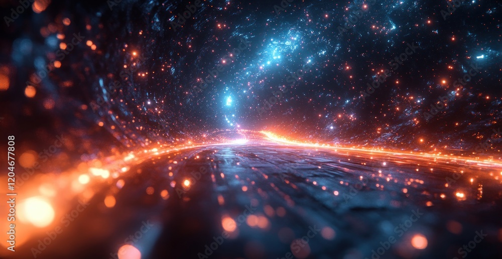 Poster futuristic abstract scene with light streaks in cool color palette high contrast soft glow depth mot
