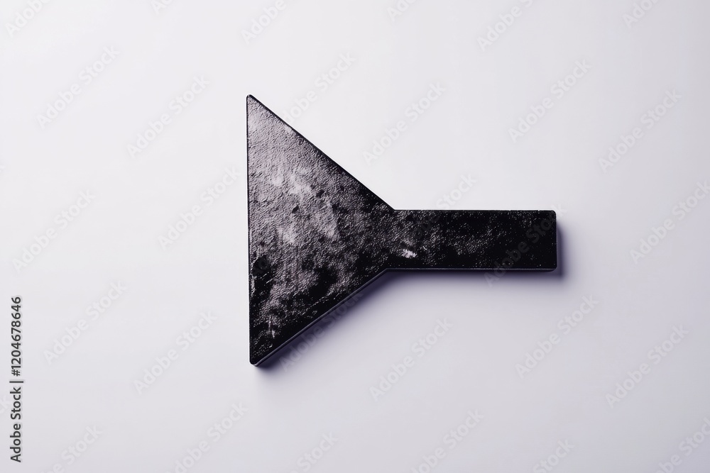 Poster unique black metal object shaped like an arrow resting on a light surface showcasing its texture and